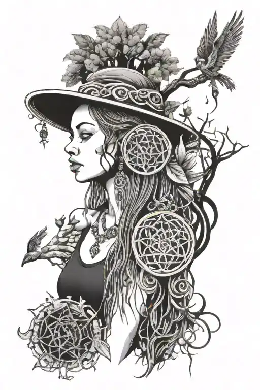 Dreadlock Woman Angel And Alchemist Symbols With Tree Of Life