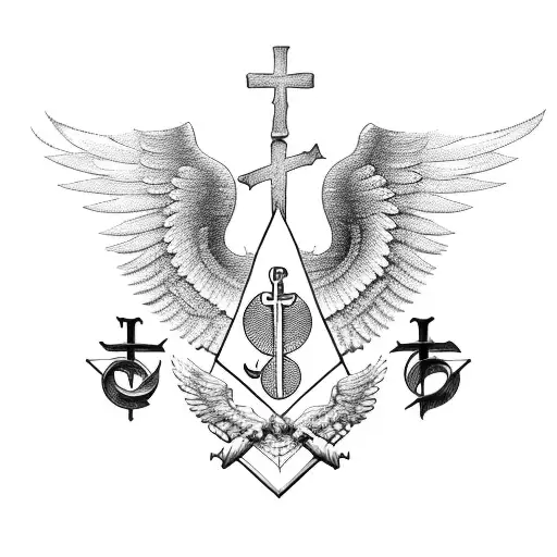 Masonic Symbol With A Catholic Cross And An Angel With Big Wings And Male Body
