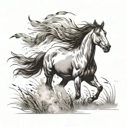 Horse Running In Field With A Feather