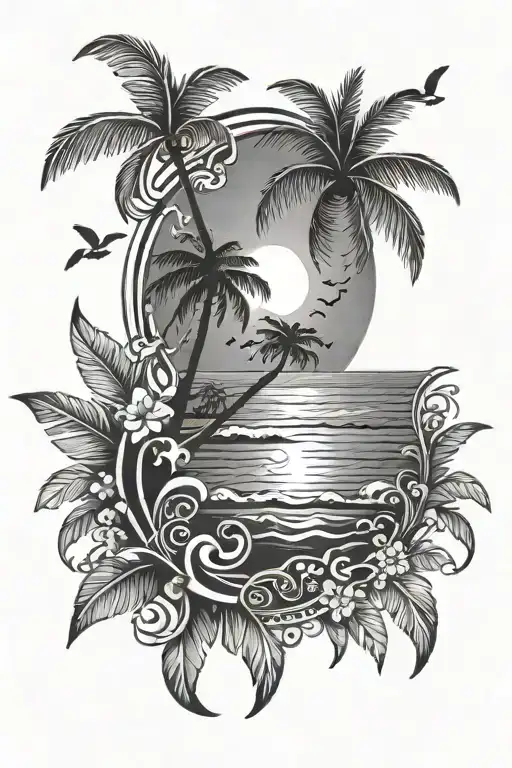 Create A Tattoo Of A Caribbean Sunset With Music Notes Floating In The Sky