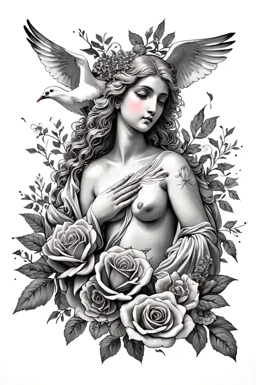 Beautiful Aphrodite With Doves And Rose