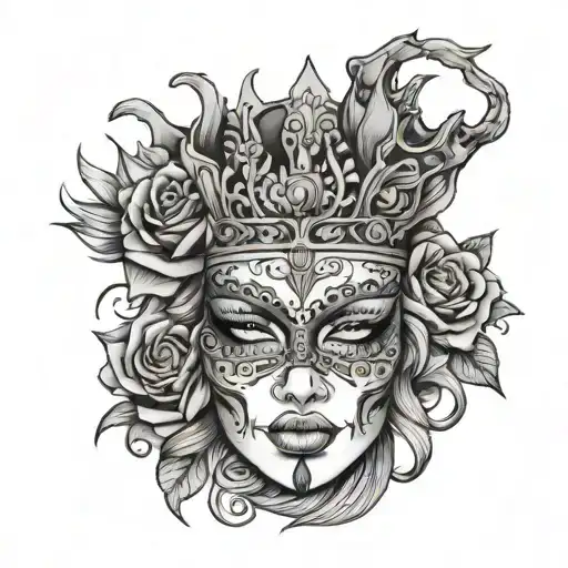Feminine Cracked Mask With Flower And A Crown And Litghning