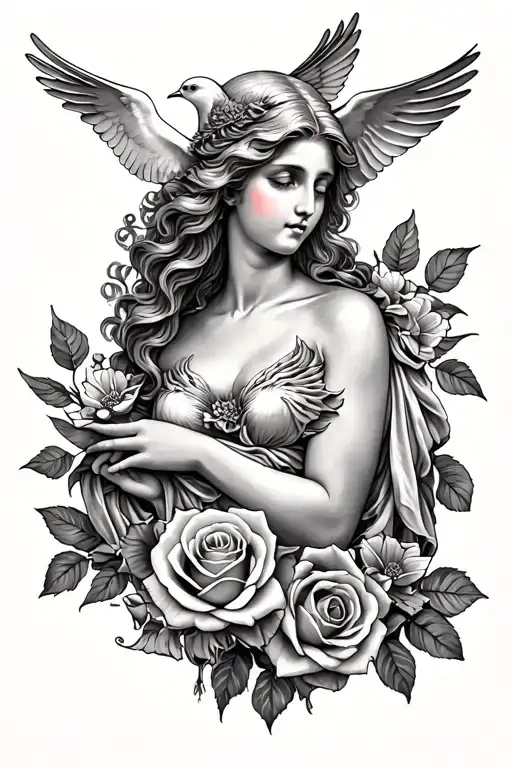 Beautiful Aphrodite With Doves And Rose