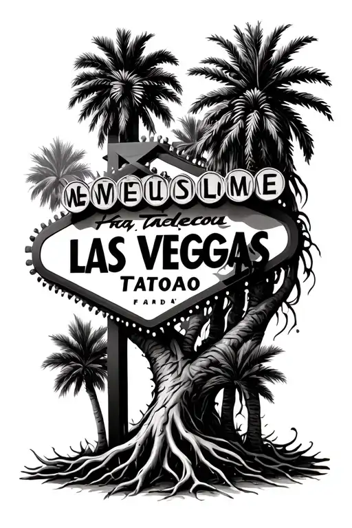 Las Vegas Sign And Palmetto Tree With Intricate Roots