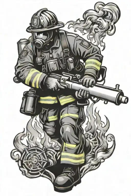 A Firefighter Battling Flames With A Background Of Military Insignias