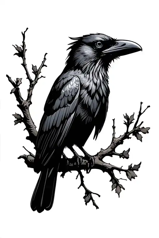 Raven On A Branch Line Drawing Style