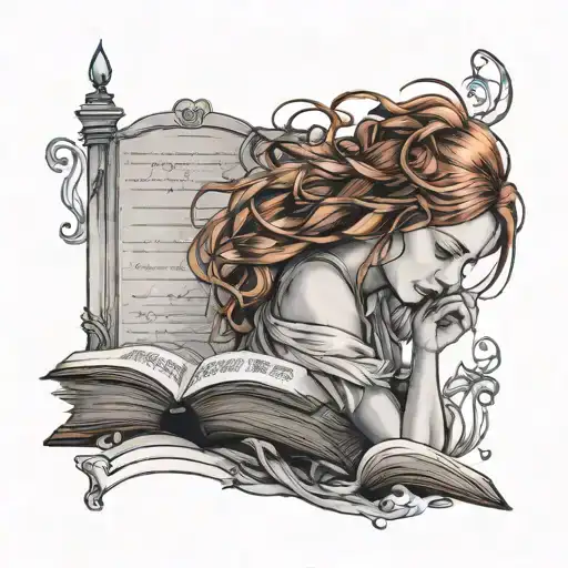 Design A Tattoo Of A Red-haired Girl Reading A Book Surrounded By Musical Notes