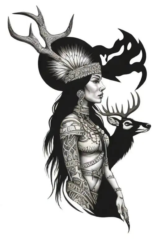 Native American Woman Dragging A Deer