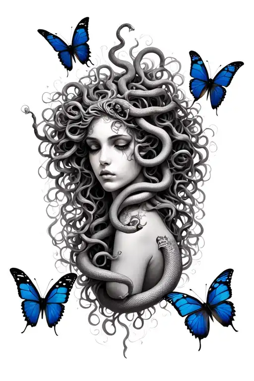 Medusa With Snake Hair And Butterflies Surrounding