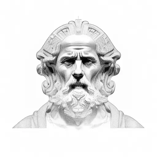 A Black And Grey Portrait Of A Greek Philosopher With A Somber Expression