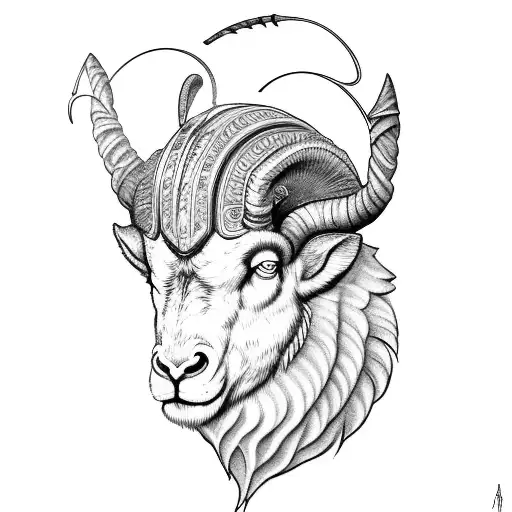 A Black-grey Tattoo Of The Aries Ram Romancing With An Archer