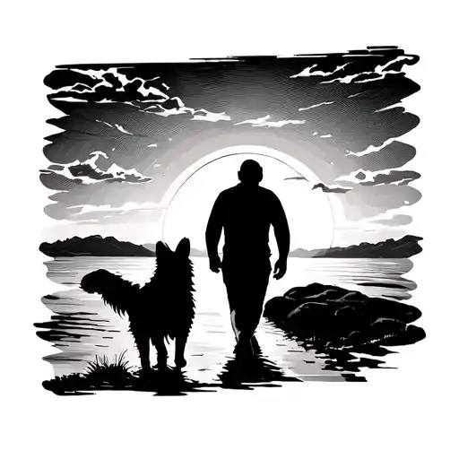 Silhouette Of A Dog And Man Walking Away Into A Sunset