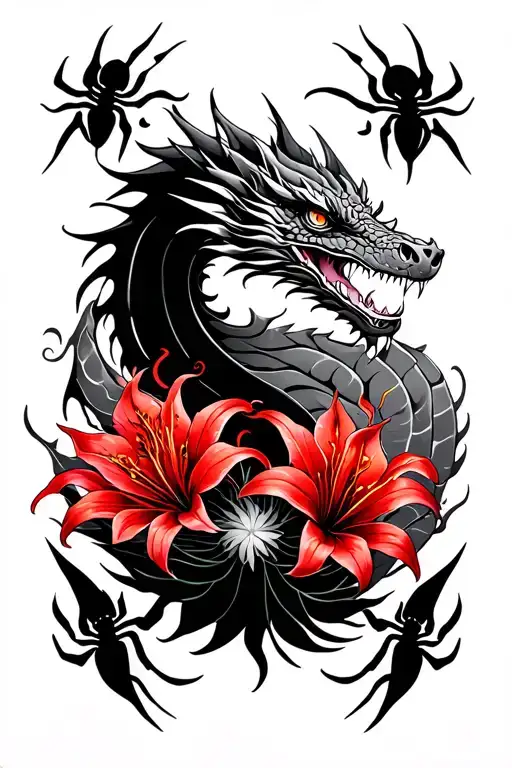 Dragon Portrait With Red Spider Lilies And Tribal Lines Around