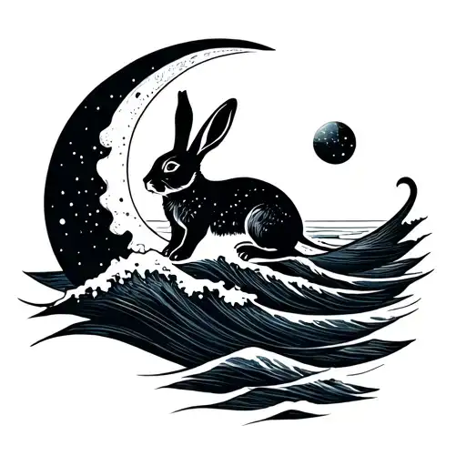 A Rabbit Crosses A Moon Sets On The Waves
