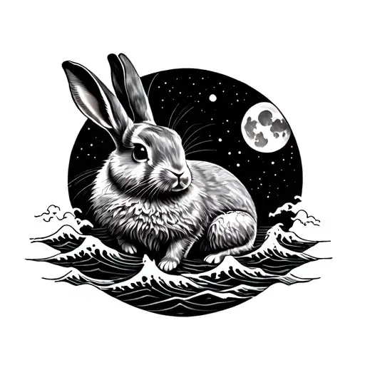 A Rabbit's Upper Body Spans A Moon Against The Waves