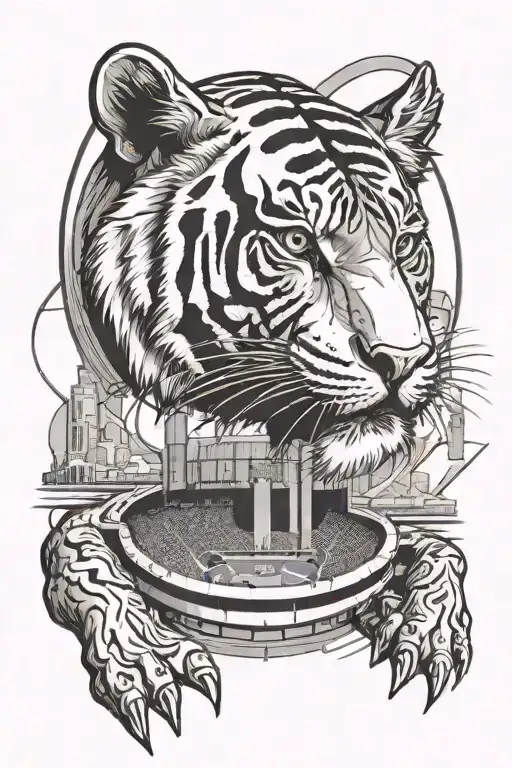 A Futuristic Los Angeles Sports Stadium With A Tiger Mascot