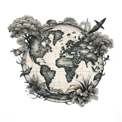 A Black-grey Tattoo Of A Globe With Continents Made Up Of Different Ecosystems And Wildlife