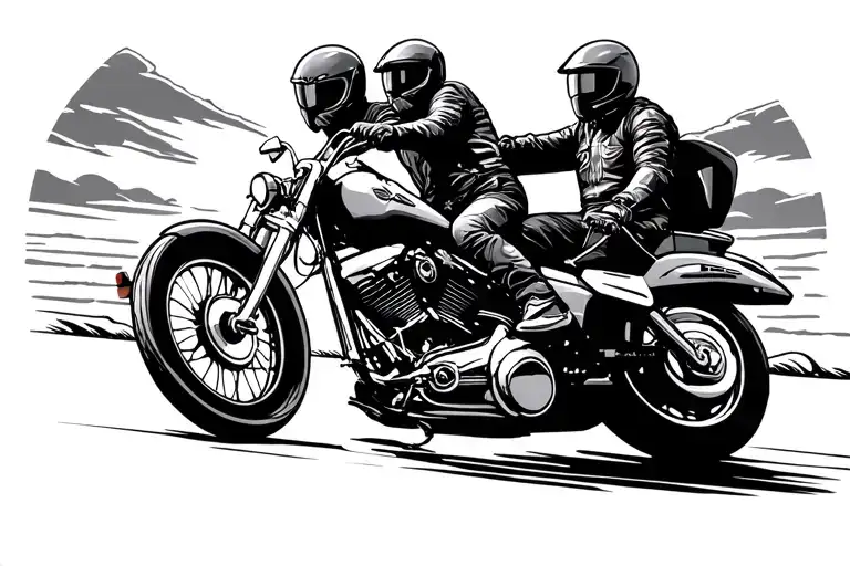 Harley Rider And Sport Biker Riding Together Into The Sunset