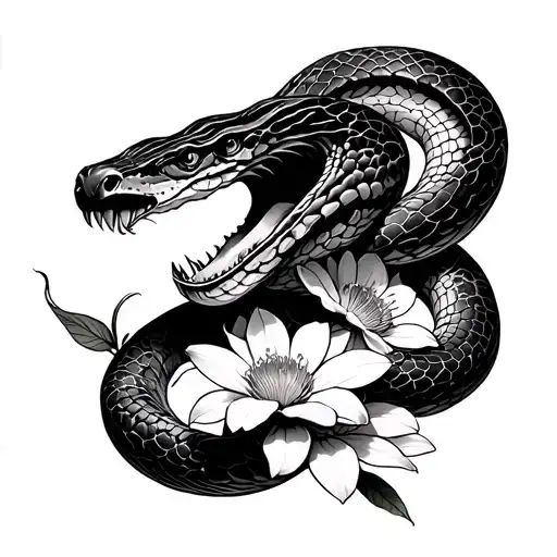 A Snake With An Open Mouth Coils Around Large Thin Flowers