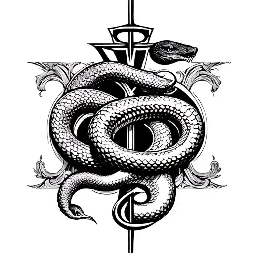 Snake Over Djed Symbol In Baroque Style