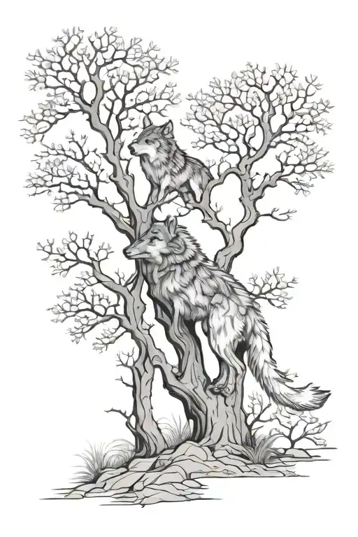 A Small Wolf Under A Big Tree At Night