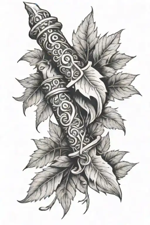 Vine Leaves Starting On The Hand Then Wrapping Around The Forearm With Dagger On The Arm Entwin
