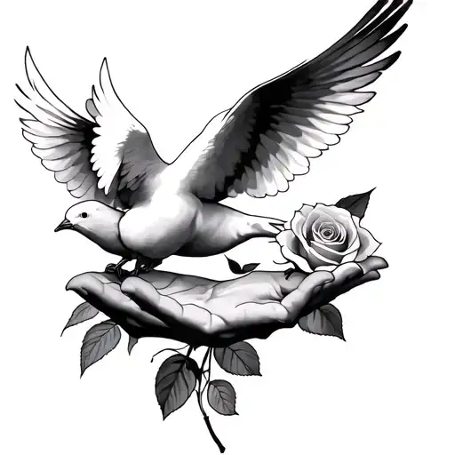 Dove's Flying Over Hands Reaching Over A Rose