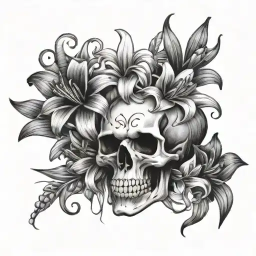 Skull With Lilies Bouquet With Cornflowers