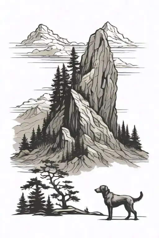 Mountain Scene With Siluette Of Man And Dog Standing