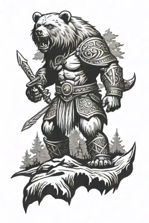 On The Background Is A Tree In Front Of A Warrior Bear In Slavic Style
