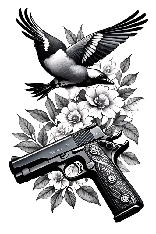1911 Gun Flowers And Leaves Birds