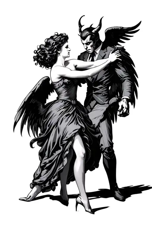 Angel In A Dress And Devil Wearing Suit Fighting