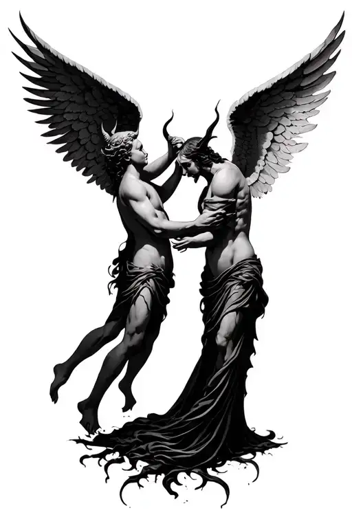 Full Sleeve Angel And Devil Reaching For Each Other