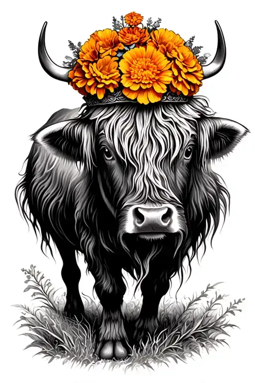 Highland Cow With Marigold Crown