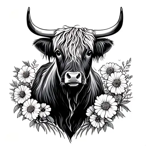 Highland Cow With Marigolds