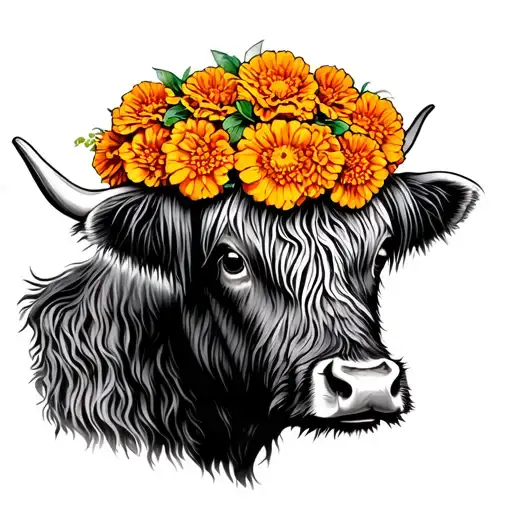 Highland Cow With Marigolds On Head