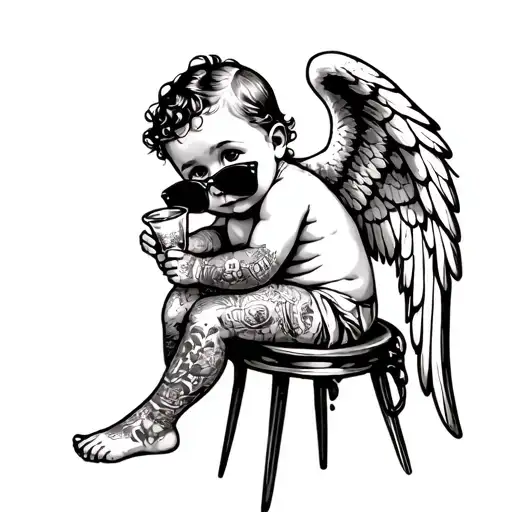 Angel Baby With Tattoos Sitting At Bar And Sunglasses
