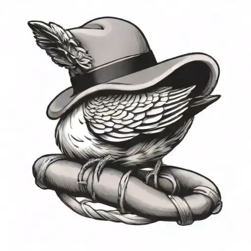 Very Fat Pigeon Squeezed In A Swimming Ring Wearing A Tiny Cowboy Hat