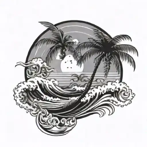 Cresent Moon And Palm Tree With Waves Crashing