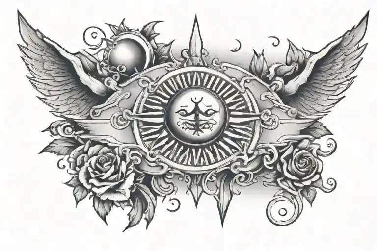 Chest Tattoo With A Dagger And Moon And Sun Setting