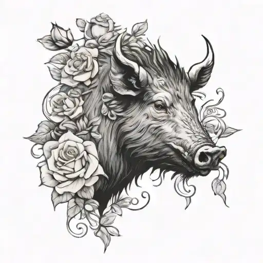 Wild Boar Head With Tuss And Roses