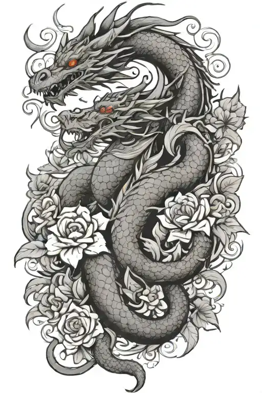 Dragon And Flowers Around