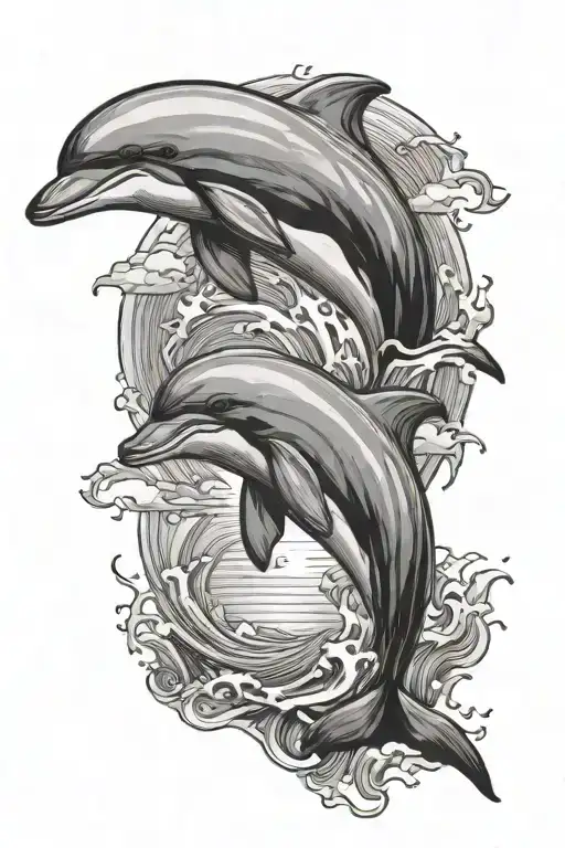 Two Dolphins Jumping With Sunset