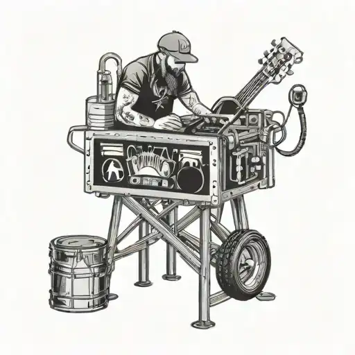 A Theater Stagehand Setting Up Equipment With A Background Of Rock Metal Band Logos