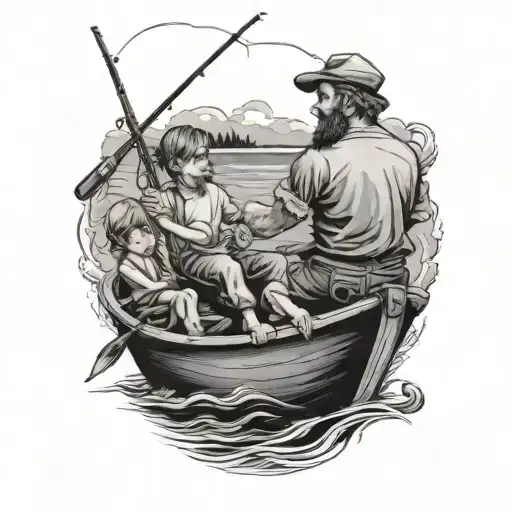 Bearded Man And Children Fishing