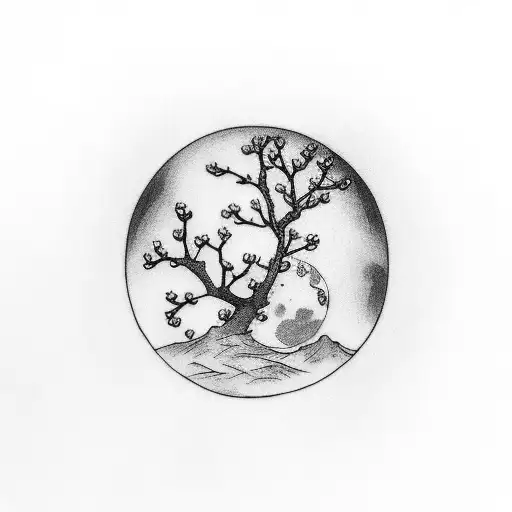 Cherry Blossom Branch Infront Of Moon