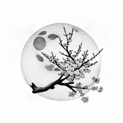 Cherry Blossom Branch Infront Of Moon