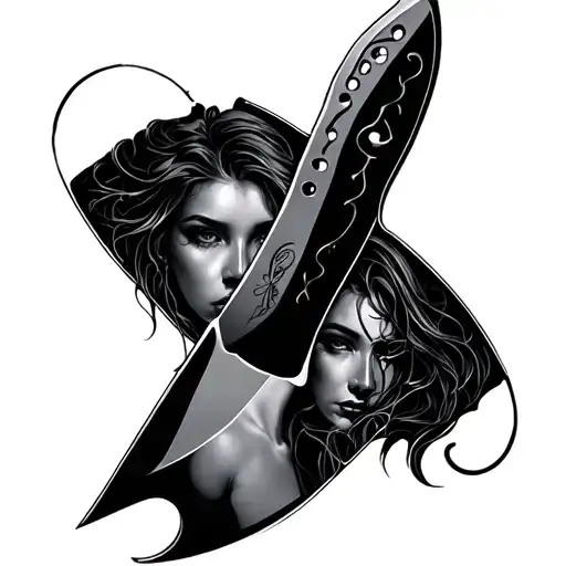 Knife With Reflection Of Female Face Inside Blade