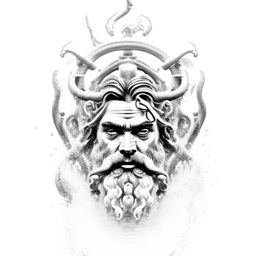 A Detailed Portrait Of Poseidon With Waves Crashing Around Him