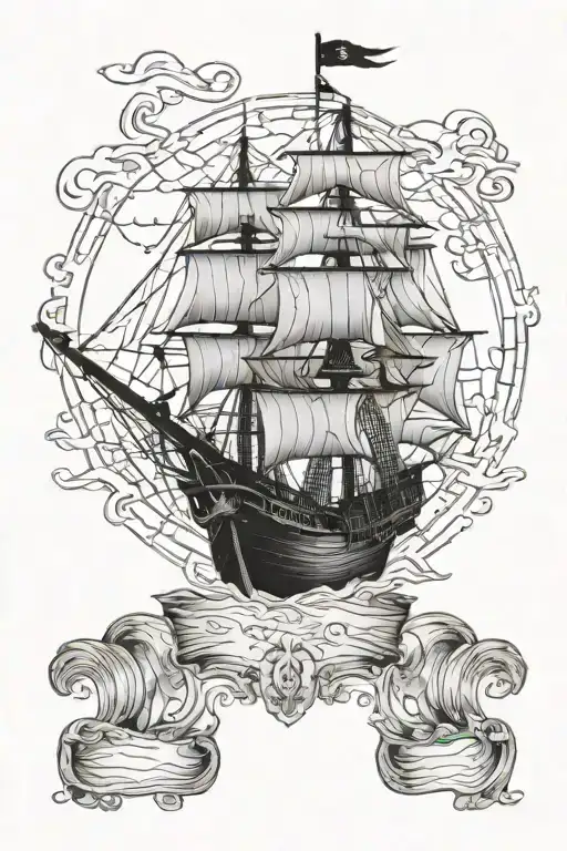 Pirate Ship In Front Of A Map Outline